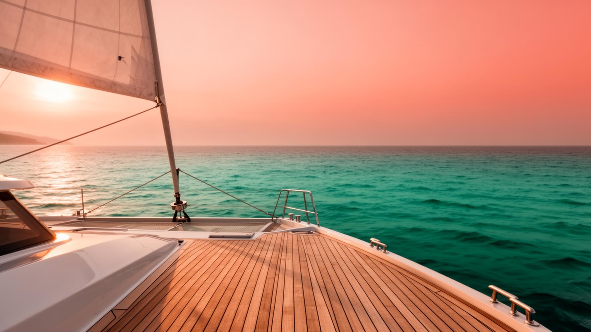View from a catamaran deck at golden hour