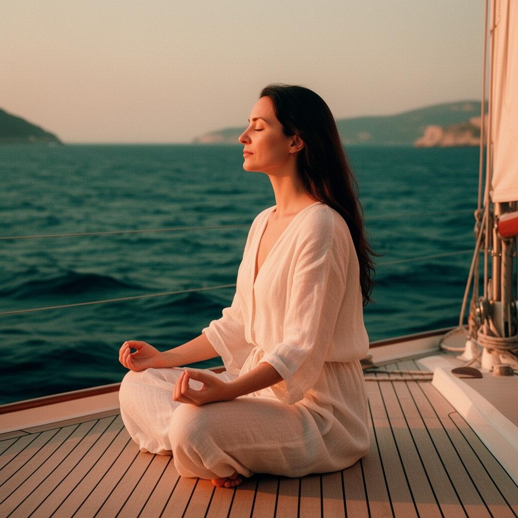 Isabelle Panther meditating on the deck of a sailing boat